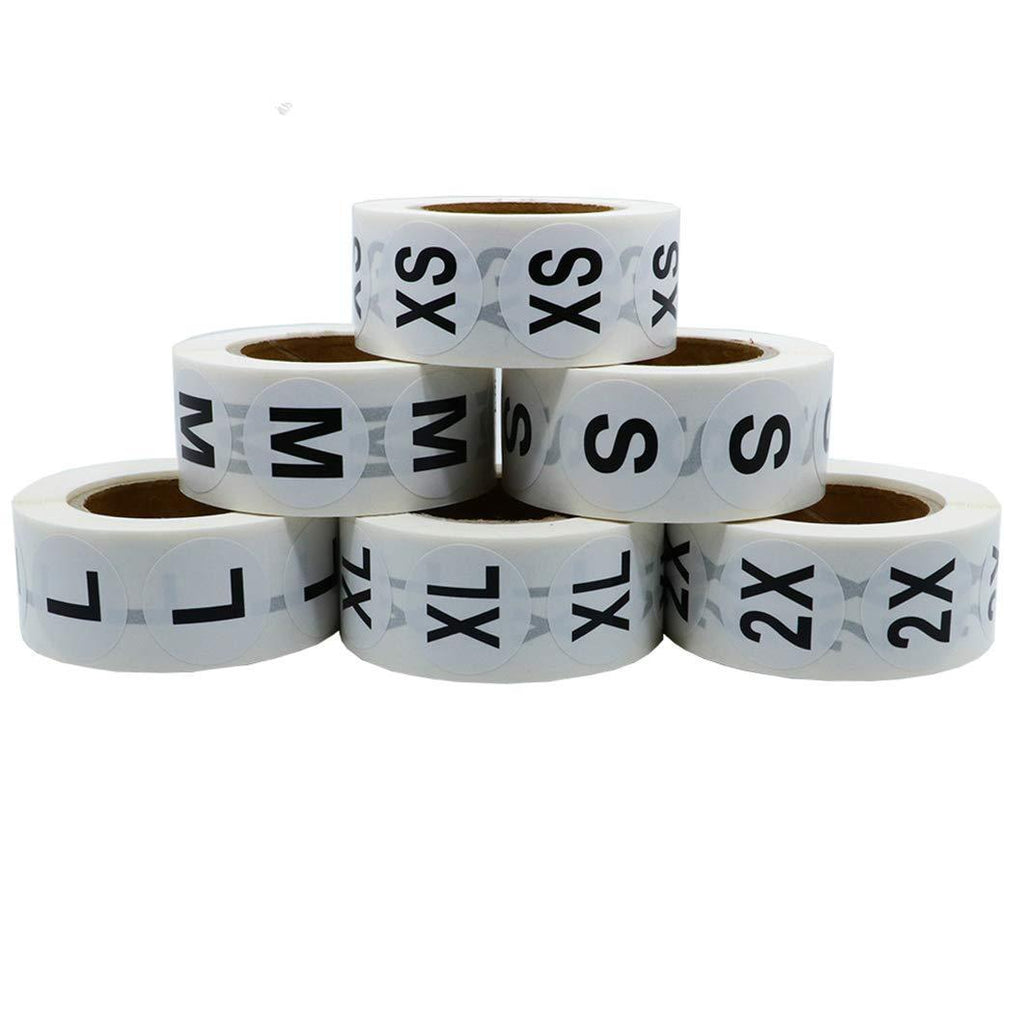 HYBSK Clothing Size Stickers White Round Labels for Retail Apparel XS S M L XL 2X Total 6 Rolls (XS-2X) Xs-2x