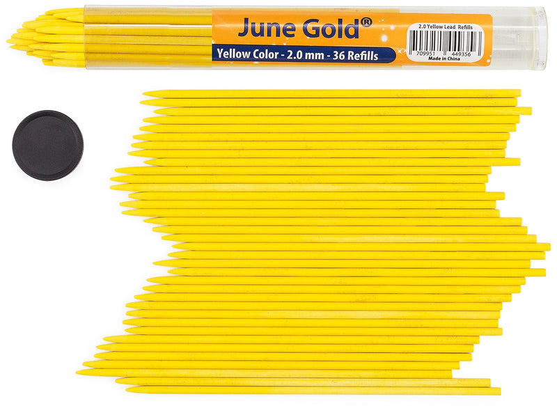 June Gold 36 Yellow Colored 2.0 mm Lead Refills, Bold Thickness for Heavy Use, Break Resistant with a Convenient Dispenser 36 Yellow Refills