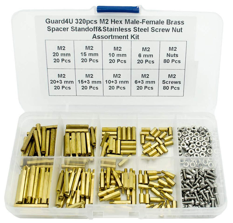 Guard4U 320pcs M2 Hex Male-Female Brass Spacer Standoff&Stainless Steel Screw Nut Assortment Kit M2 Brass