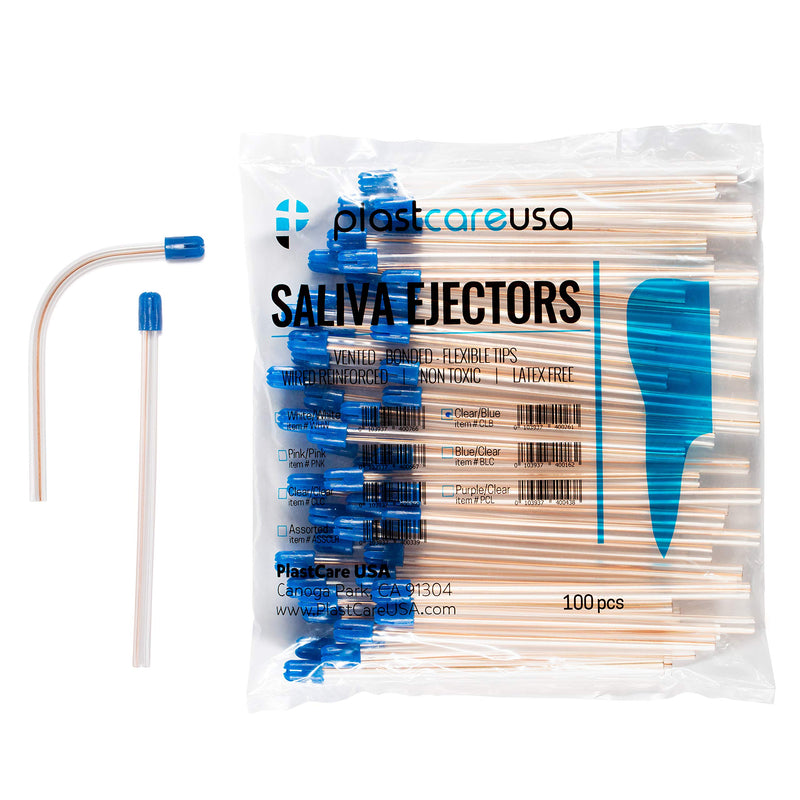 100 Dental Disposable Saliva Ejectors, Clear Body Blue Tip, Evacuation Suction Tips, Bag of 100