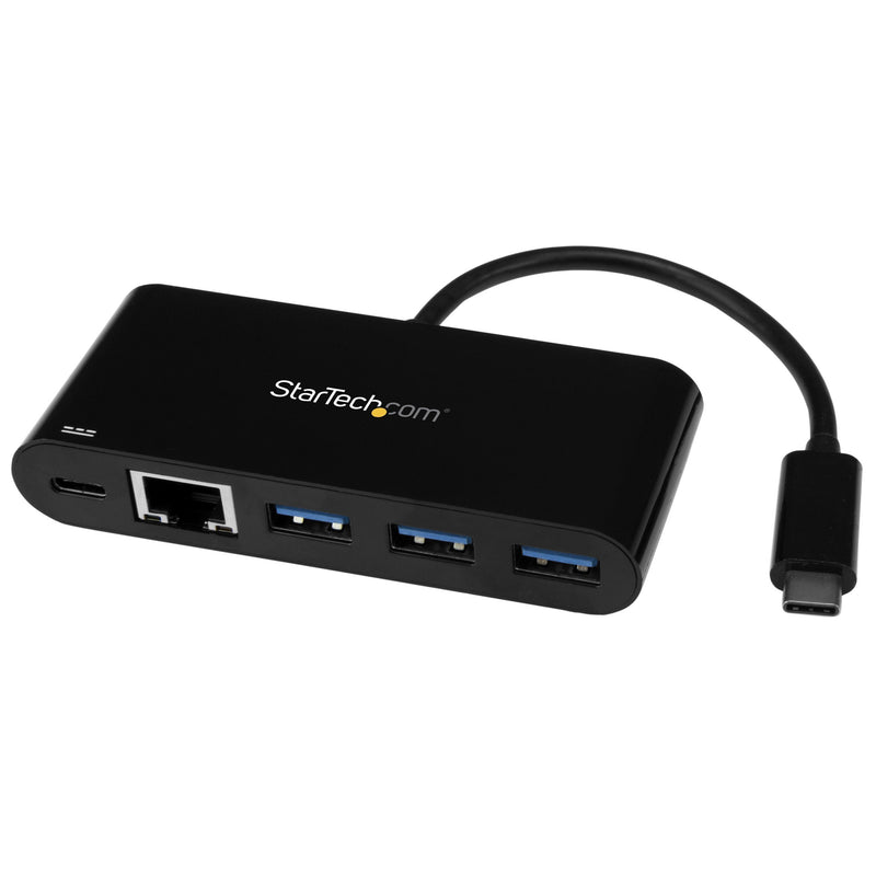 StarTech.com 3 Port USB-C Hub with Gigabit Ethernet & 60W Power Delivery Passthrough Laptop Charging - USB-C to 3x USB-A (USB 3.0 SuperSpeed 5Gbps) - USB 3.1/3.2 Gen 1 Type-C Adapter Hub (HB30C3AGEPD) Black w/ 4 Port Hub and Power Delivery