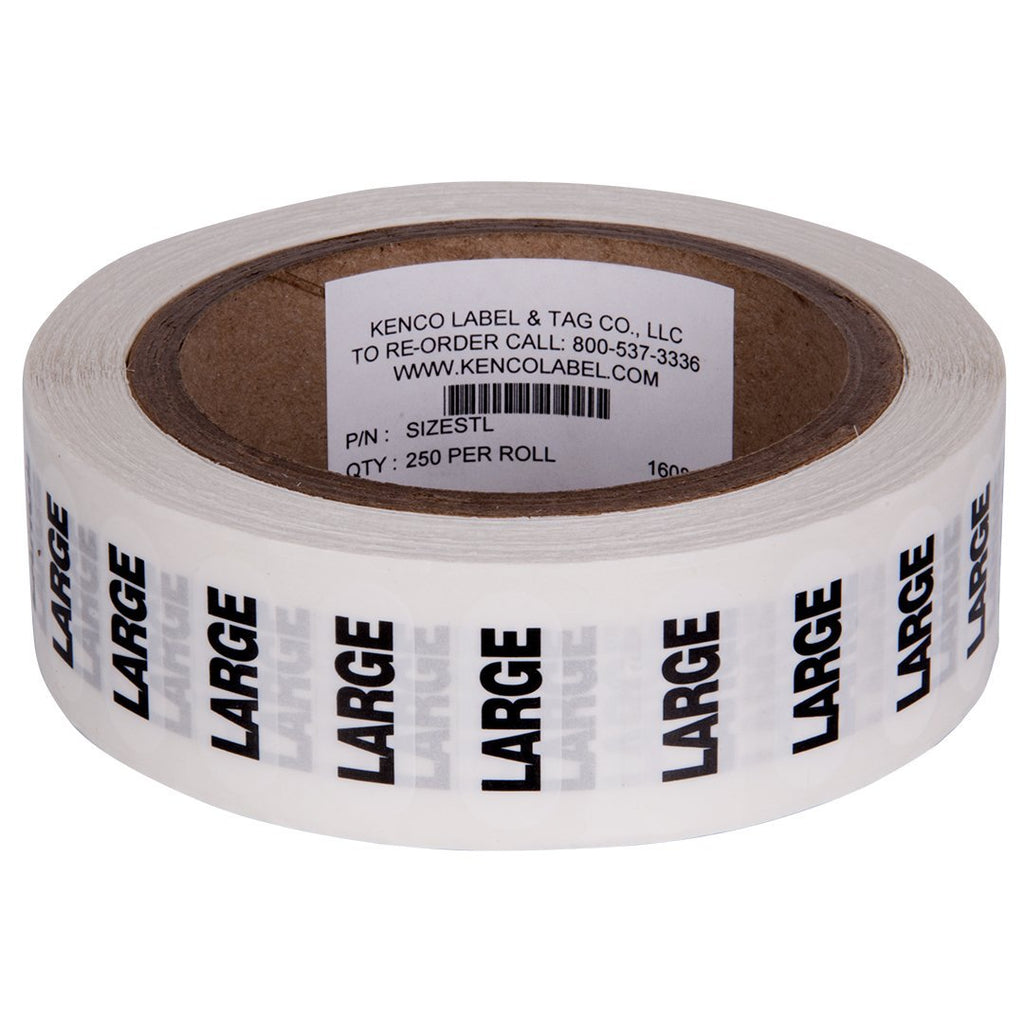 Clothing Size Strip Labels - 1.25" X 5" - 250 Strips Per Roll - Clear with Black and White Ink by Kenco (Large) Large