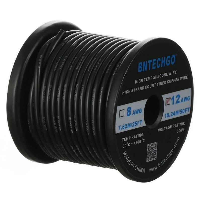 BNTECHGO 12 Gauge Silicone Wire Spool 50 ft Black Flexible 12 AWG Stranded Tinned Copper Wire silicone wire 50ft silicone wire black