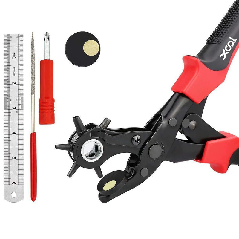 Revolving Punch Plier Kit, XOOL Leather Hole Punch Set for Belts, Watch Bands, Straps, Dog Collars, Saddles, Shoes, Fabric, DIY Home or Craft Projects, Heavy Duty Rotary Puncher, Multi Hole Sizes Make Hole Puncher