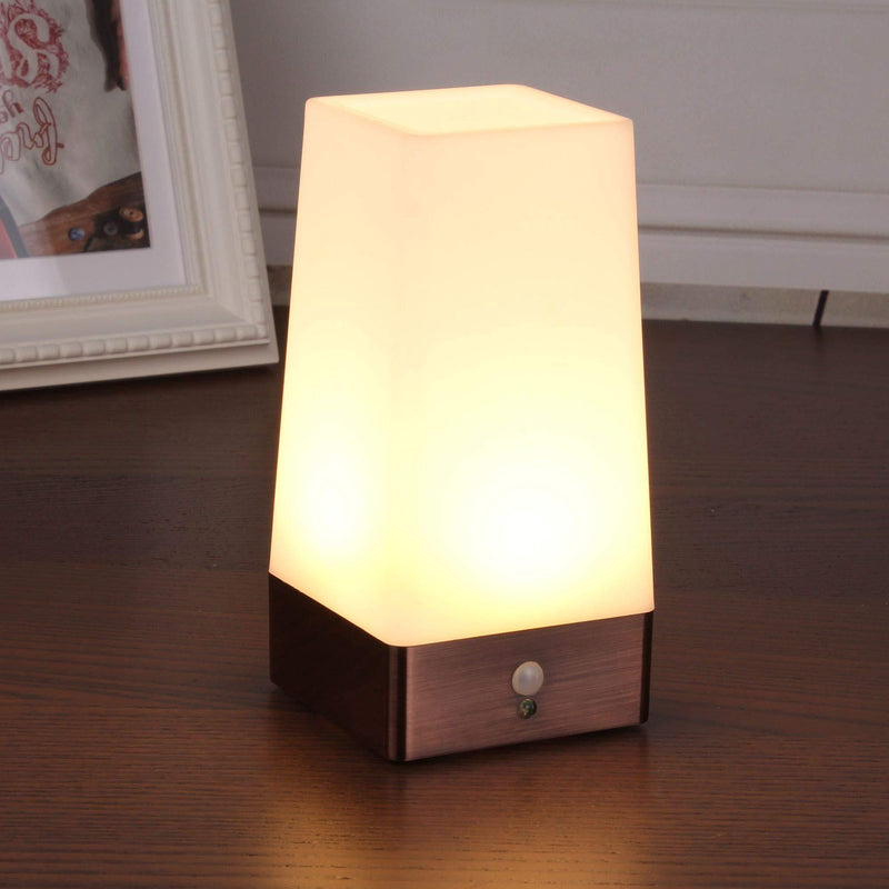 WRalwaysLX 3 Modes Battery Powered Small Table Lamp,Bedside Lamp Wireless PIR Motion Sensor LED Night Light,USE 3x1.5VAAA Battery,Sensitive Portable Moving Lamp for Kids Room,Hallway,Bedroom Square Bronze