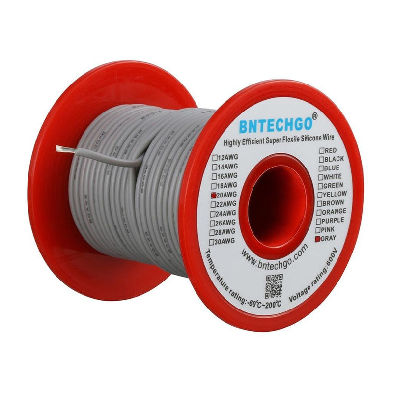 BNTECHGO 20 Gauge Silicone wire spool 100 ft Gray Flexible 20 AWG Stranded Tinned Copper Wire silicone wire 100ft silicone wire gray