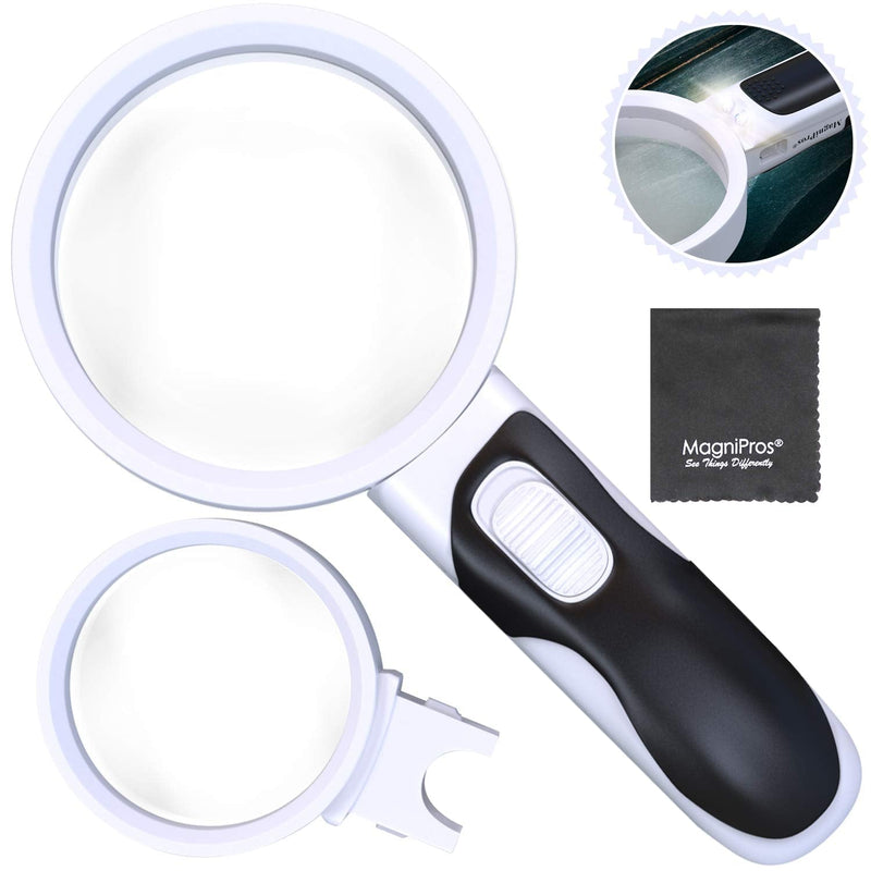 MagniPros Magnifying Glass with Bright LED Lights and 10X + 5X Illuminated 2 Interchangeable Lenses Ideal for Seniors, Maps, Macular Degeneration, Jewelry, Watch & Computer Repair 5X +10X