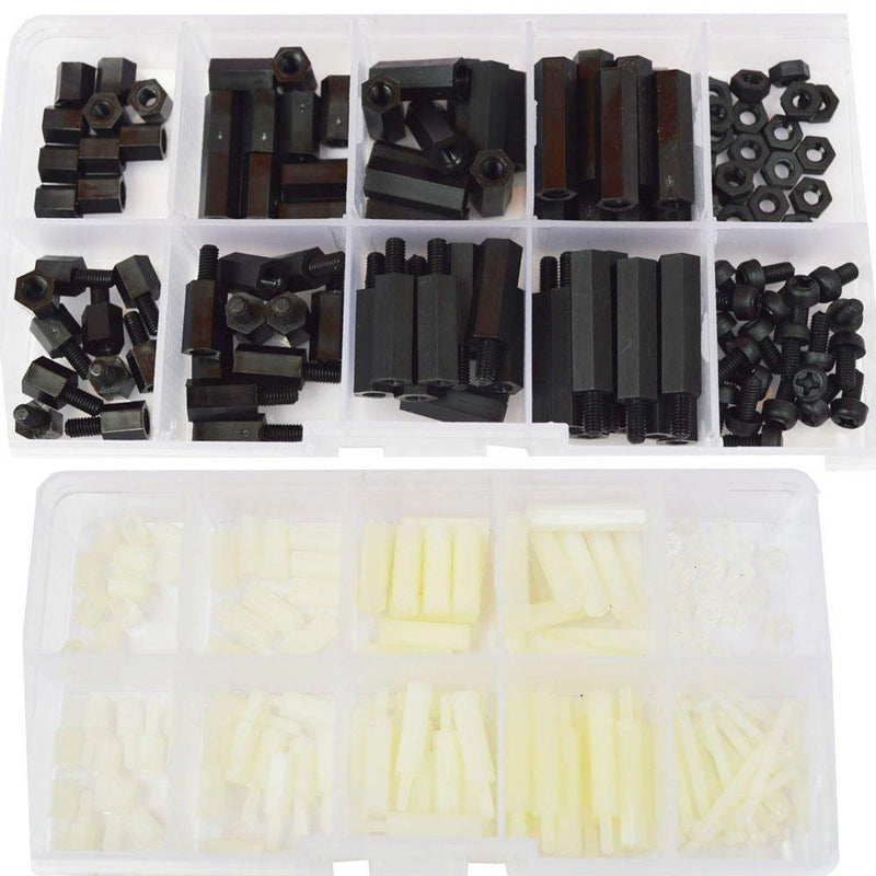 M2 M3 Male-Female Nylon Hex Standoff Plastic Thread Motherboard Spacer Prototyping Accessories for PCB, Quadcopter Drone, Computer & Circuit Board Assortment Kit Black White 300Pcs
