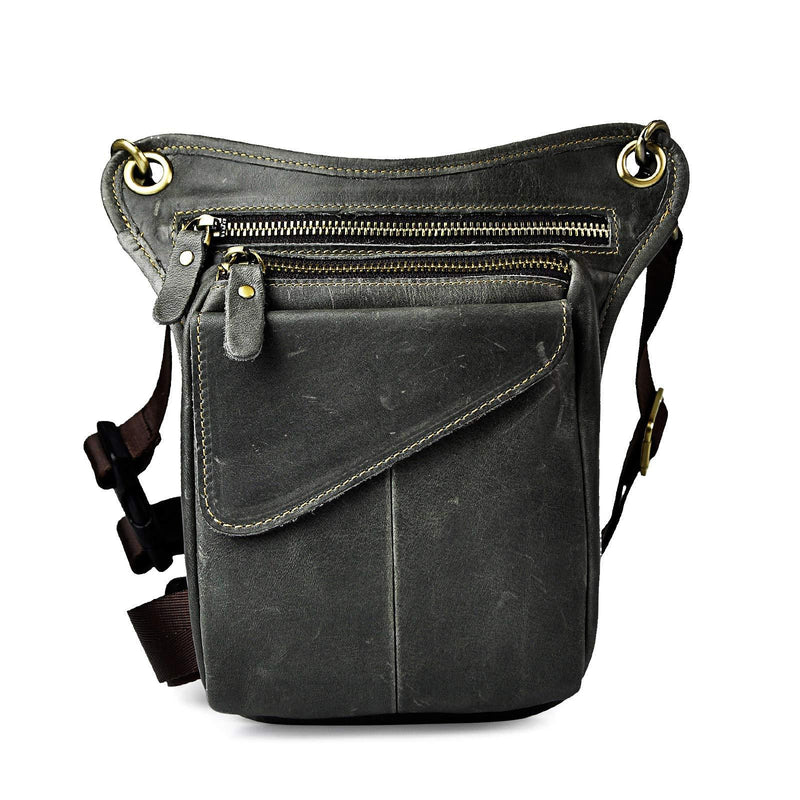 Le'aokuu Mens Genuine Leather Cycling Waist Hip Bum Pack Utility Drop Leg Cross Over Bag (Grey 2) 211-3 Grey 2