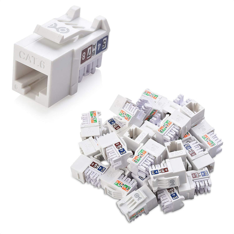 Cable Matters UL Listed 25-Pack Slim Profile 90 Degree Cat 6, Cat6 RJ45 Keystone Jack with Keystone Punch Down Stand in White