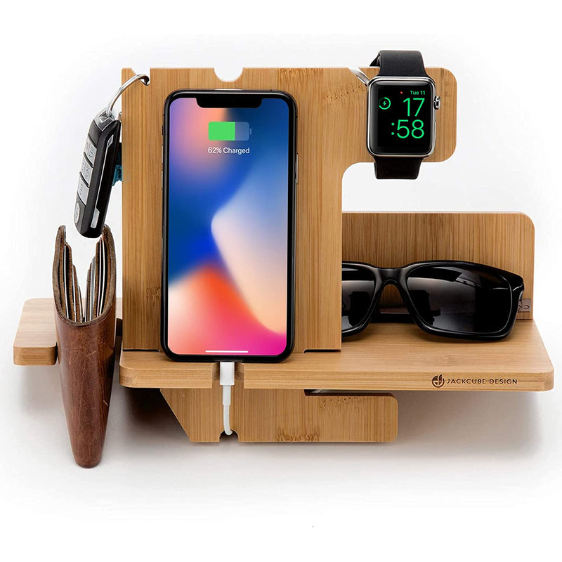 JackCubeDesign Wood Docking Station Nightstand Organizer Key Holder Wallet Stand Watch Gift Anniversary for Men Dad Father Birthday Graduation Gadgets Compatible with iPhone iWatch AirPods - MK242A