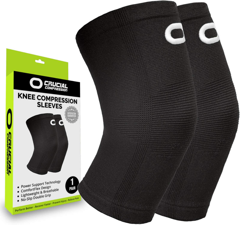 Crucial Compression Knee Sleeve (1 Pair) - Best Knee Braces for Knee Pain for Men & Women - Non-Slip Knee Support for Running, Weightlifting, Basketball, Gym, Workout, Sports Small (15.5-18.0") Measure 3" Above Kneecap Black