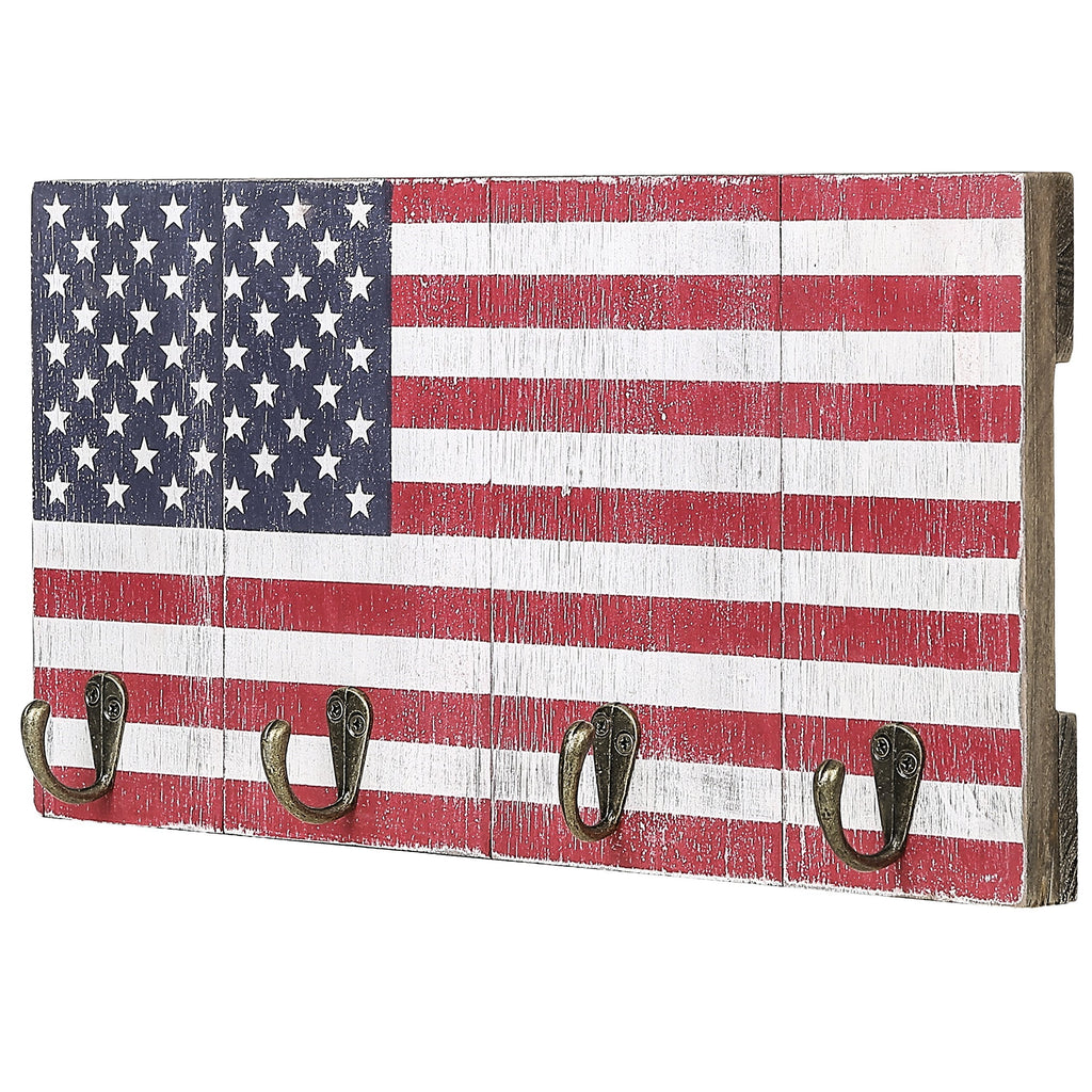 MyGift 4-Hook Key Rack American Flag Design Wood Wall Mounted Entryway Hooks