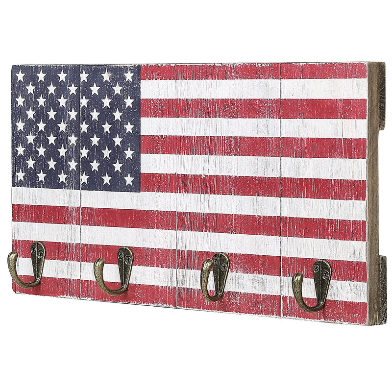 MyGift 4-Hook Key Rack American Flag Design Wood Wall Mounted Entryway Hooks