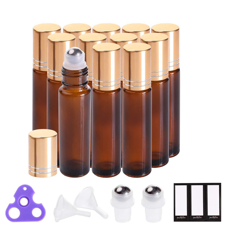 Essential Oil Roller Bottles 10ml (Amber Glass, 12pack, 2 Extra Roller Balls，24 Labels, Opener, 2 Funnels by PrettyCare) Roller Balls For Essential Oils, Roll on Bottles 12 Pack