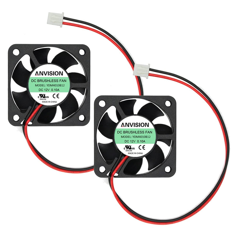 ANVISION 2-Pack 40mm x 10mm DC 12V Brushless Cooling Fan, Dual Ball Bearing, YDM4010B12 Black ( 12V 40mm 2-PIN FAN )