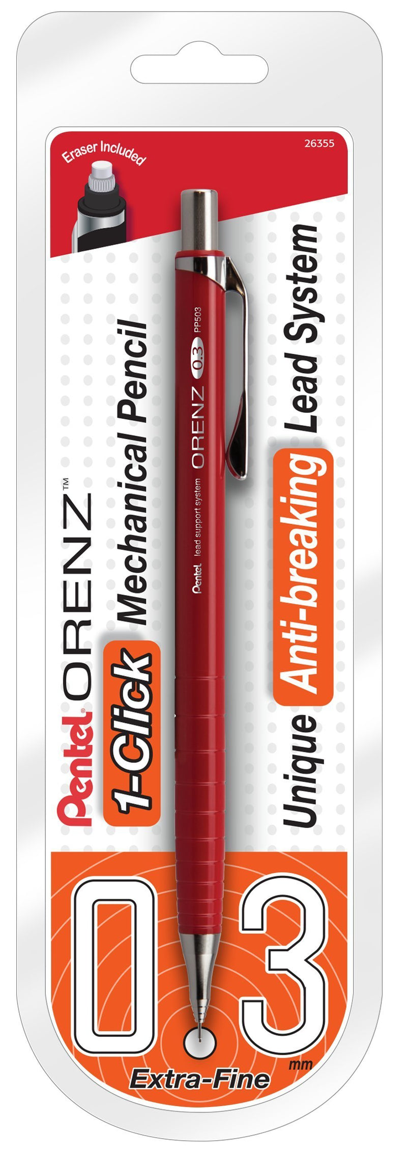 Pentel Pentel Arts Orenz Mechanical Pencil (0.3mm) Pink Barrel, 1-Pk Carded (PP503PPABP) 1 Pack 0.3 mm Red