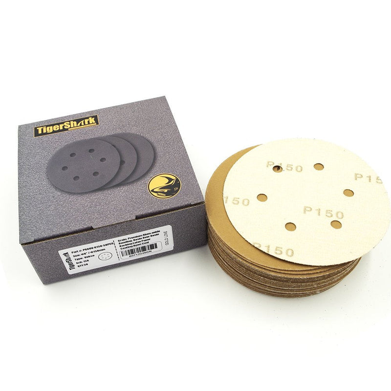 TigerShark 6 Inch 6 Hole Sanding Discs Grit 150 50pcs Pack Special Anti Clog Coating Paper Gold Line Hook and Loop Dustless Random Orbital Sander Paper Fine G150/50PCS