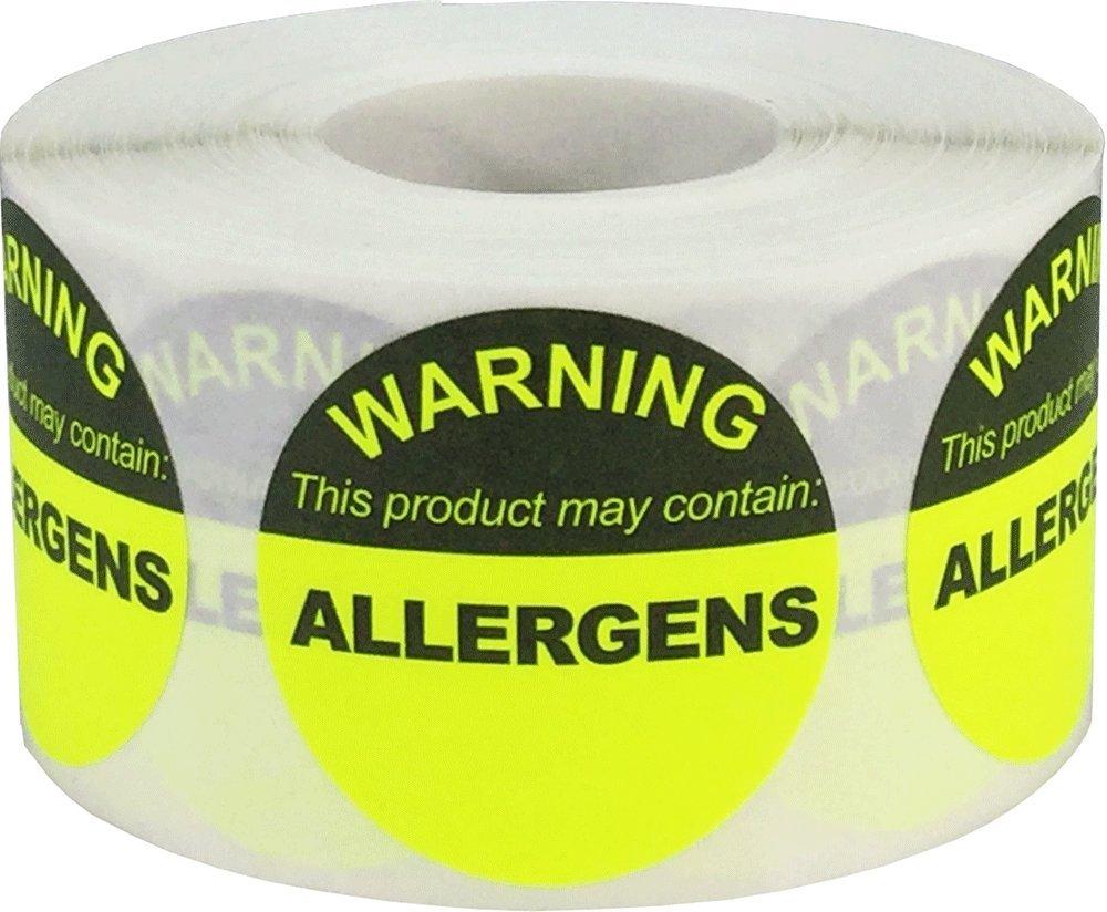 Allergen Warning Food Stickers Fluorescent Yellow 1.5 Inch Round Circle Dots 500 Total Adhesive Stickers