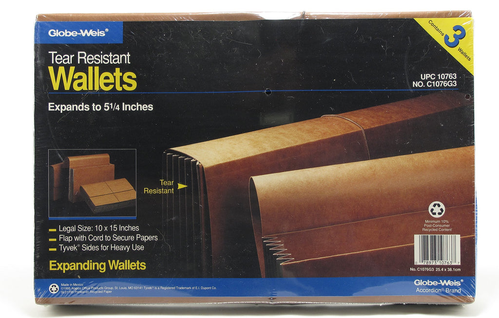 Globe-Weis Tear Resistant Legal Size Accordion Wallets 3 Pack