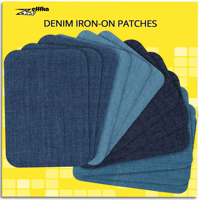 ZEFFFKA Premium Quality Denim Iron-on Jean Patches Inside & Outside Strongest Glue 100% Cotton Assorted Shades of Blue Repair Decorating Kit 12 Pieces Size 3" by 4-1/4" (7.5 cm x 10.5 cm)