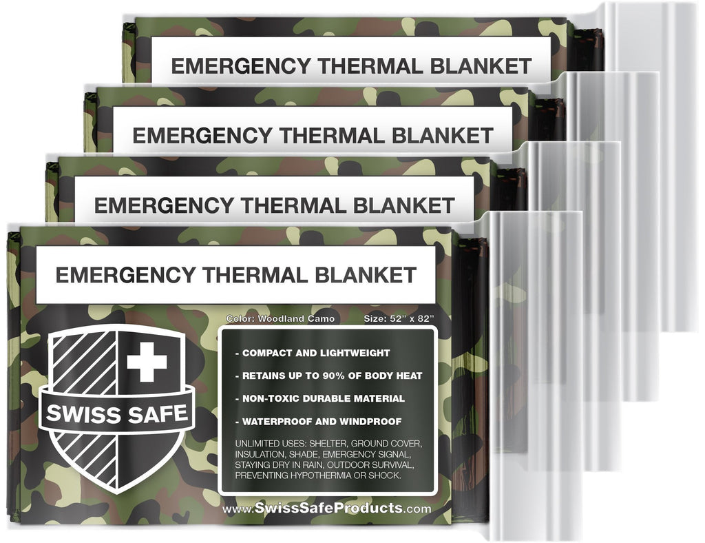 Swiss Safe Emergency Mylar Thermal Blankets + Bonus Gold Foil Space Blanket. Designed for NASA, Outdoors, Survival, First Aid, Woodland Camo, 4 Pack