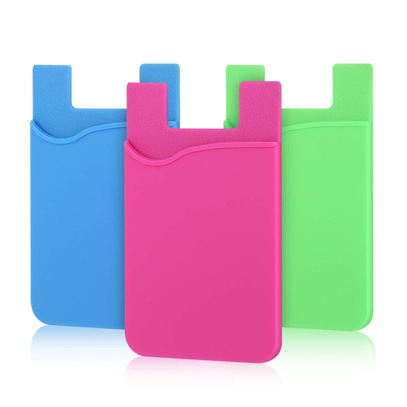 Cell Phone Wallet, Pofesun 3 Pack Cell Phone Stick on Wallet Card Holder Phone Pocket Adhesive Silicone Card Sleeve Compatible for iPhone, Samsung, Android and All Smartphones.(Blue, Pink, Green) Blue, Pink, Green