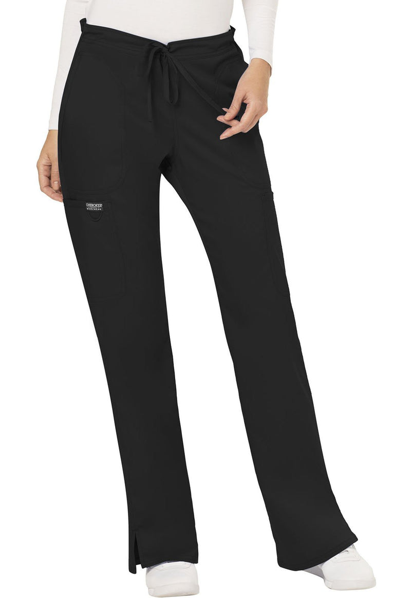 Cherokee Workwear Revolution Women's Mid Rise Moderate Flare Drawstring Scrub Pant XX-Small Petite Black