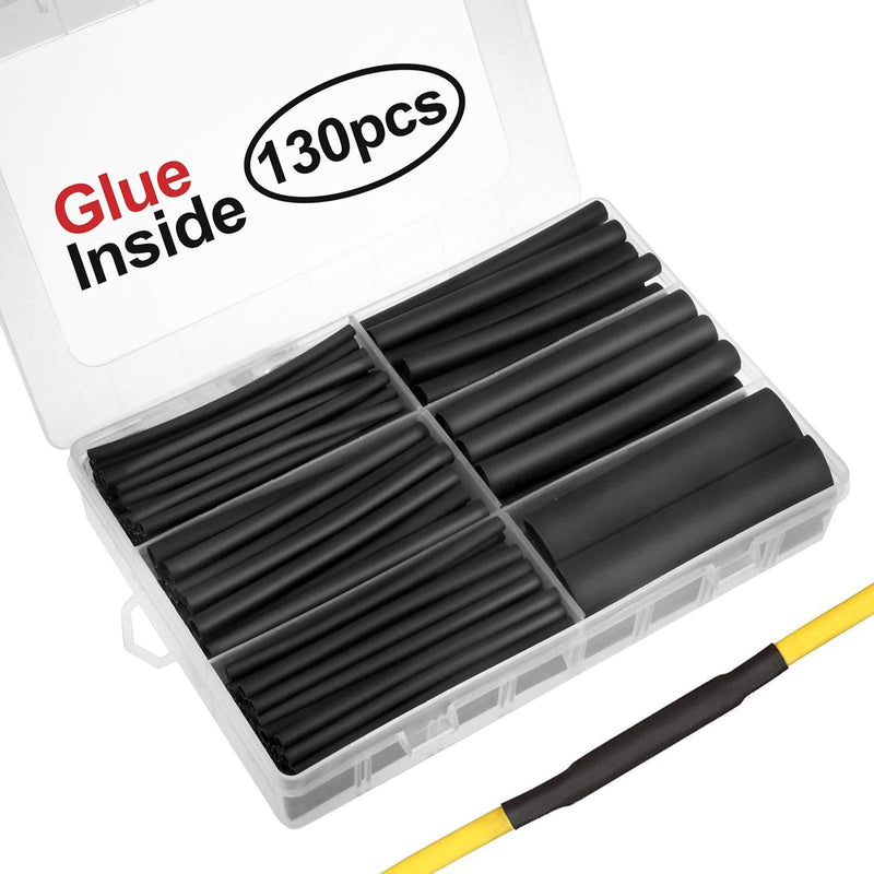 130pcs 3:1 Dual Wall Adhesive Heat Shrink Tubing Kit, 6 Sizes (Diameter): 1/2, 3/8, 1/4, 3/16, 1/8, 3/32 inch, Premium Wire Cable Sleeve Tube Assortment with Storage Case for DIY by MILAPEAK (Black)