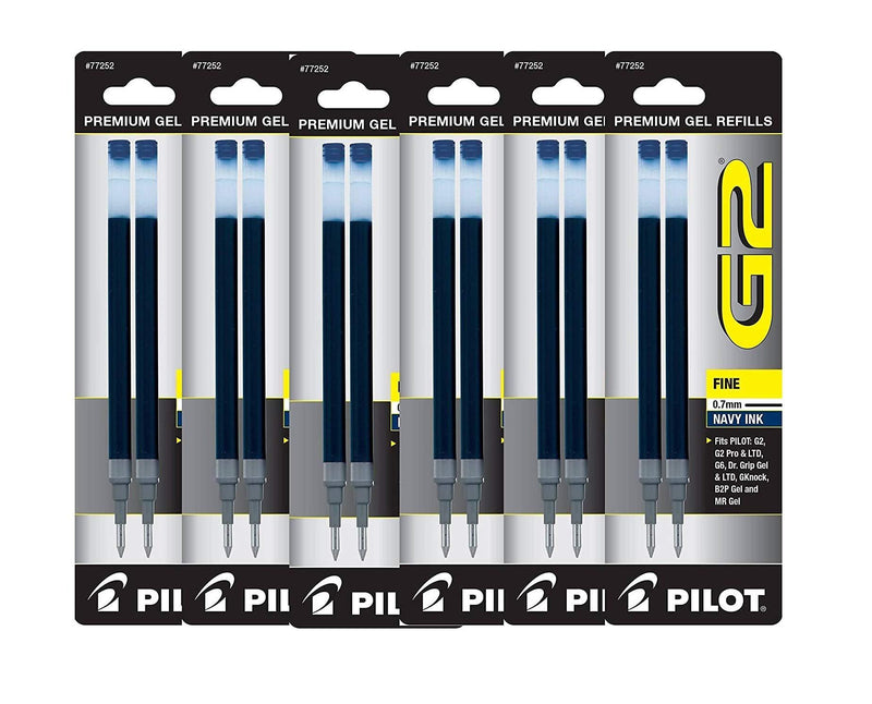 Value Pack of 6 - Pilot G2 Gel Ink Refills for Rolling Ball Pen, Fine Point, Navy Blue (77252)