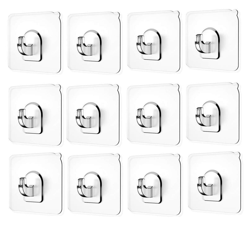 Ninth Five Wall Hooks(13.2lb), Self Adhesive Hooks, Clear Plastic Reusable Heavy Duty Hook for Kitchen Bathroom Office, No Trace No Scratch Waterproof and Oilproof (12 Pack) plastic 12pack