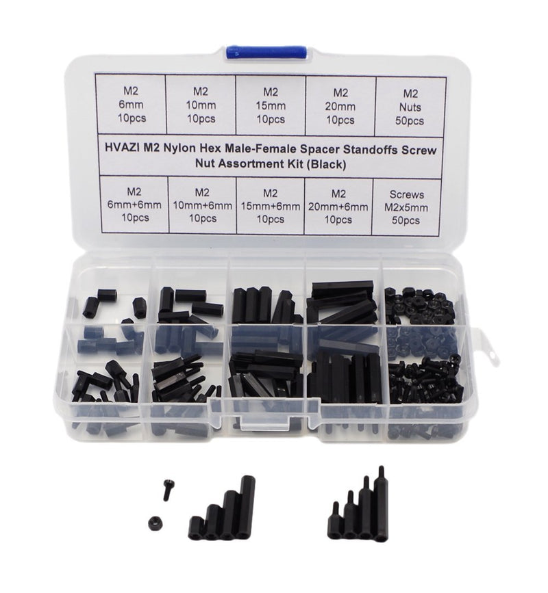 HVAZI M2 Nylon Hex Male-Female Spacer Standoffs Screw Nut Assortment Kit (Black) 180PCS/M2 Black