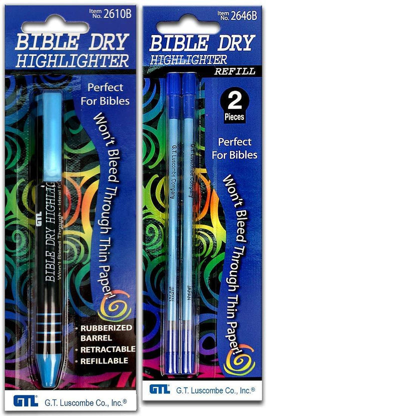 Dry Bible/Book Highlighter Pen With 2 Pack Bible/Book Dry Highlighter Refill (Blue)