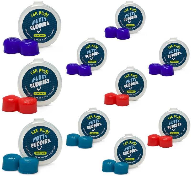 Putty Buddies Ear Plugs 10-Pair Pack - Soft Silicone Ear Plugs for Swimming & Bathing - Invented by ENT Physician - Block Water - Premium Swimming Earplugs - Doctor Recommended Blue/Red/Teal