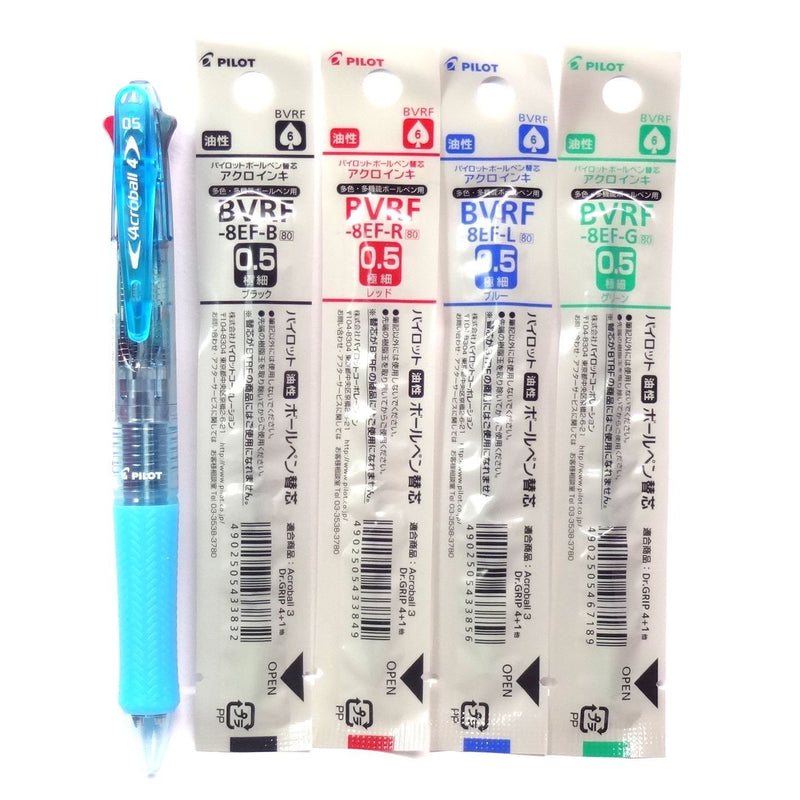 Pilot Acroball 4 Multi Color Ballpoint Pen, 0.5mm, Clear Soft Blue Body + 4 Color Ink Refills (Black, Red, Blue & Green)