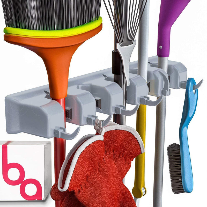 Berry Ave Broom Holder Wall Mount and Garden Tool Organizer, Closet Storage, Kitchen Rack, Home Organization and Garage Organizer for Rake or Mop Handles Up to 1.25-Inches, Hanger Plus 6 Hooks (Grey) Grey 1 Pack