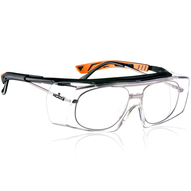 NoCry Safety Glasses That Fit Over Your Prescription Eyewear. Clear Anti-Scratch Wraparound Lenses, UV400 Protection, ANSI Z87 & OSHA Certified. Use in the Lab, Travelling, Black & Orange Frames