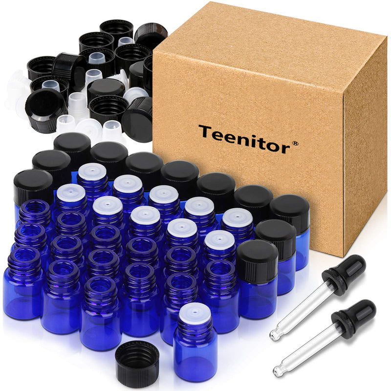 Essential Oils Sample Bottles, Teenitor 36 Pcs 2 ml (5/8 Dram) Cobalt Blue Oil Bottles For Essential oils , Amber Glass Vials With 2 Free Glass Transfer Eye droppers