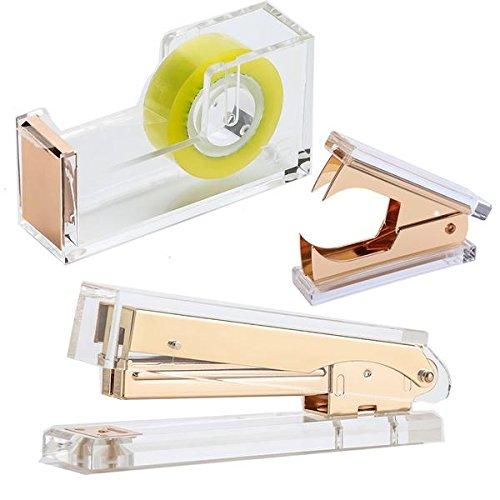 Draymond Story Acrylic Gold Stationery Bundle Set - 1) Stapler 1) Staple Remover 1) Tape Dispenser (Wedding Gift for Guests)