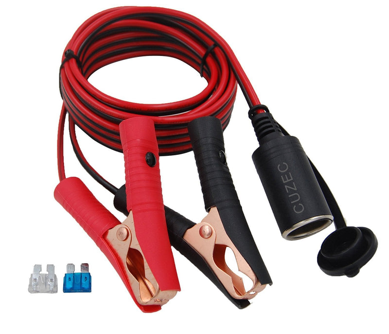 CUZEC 13.1FT/4m 16 AWG Extension Cord Plug Socket with Battery Clamp 12V/ 24V Battery Clip-On and Cigarette Lighter Adapter (13.1FT Long) 13.1FT LONG