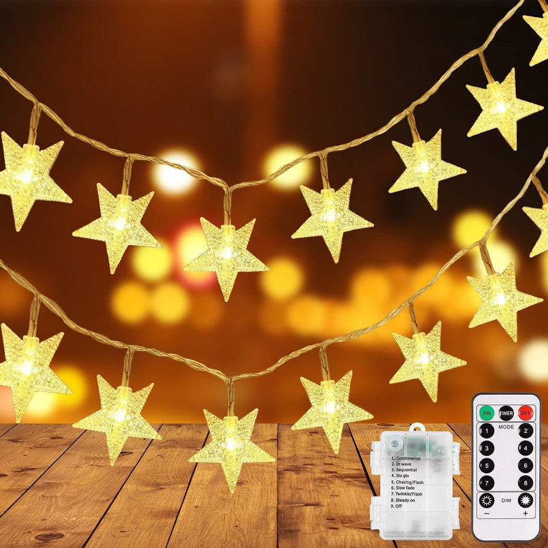 echosari [Upgraded Version] 16 Feet 50 LED Christmas Star LED String Lights with Remote & Timer Battery Operated Fairy String Lights for Indoor & Outdoor Garden, Wedding Decoration (Warm White) 50l With Remote