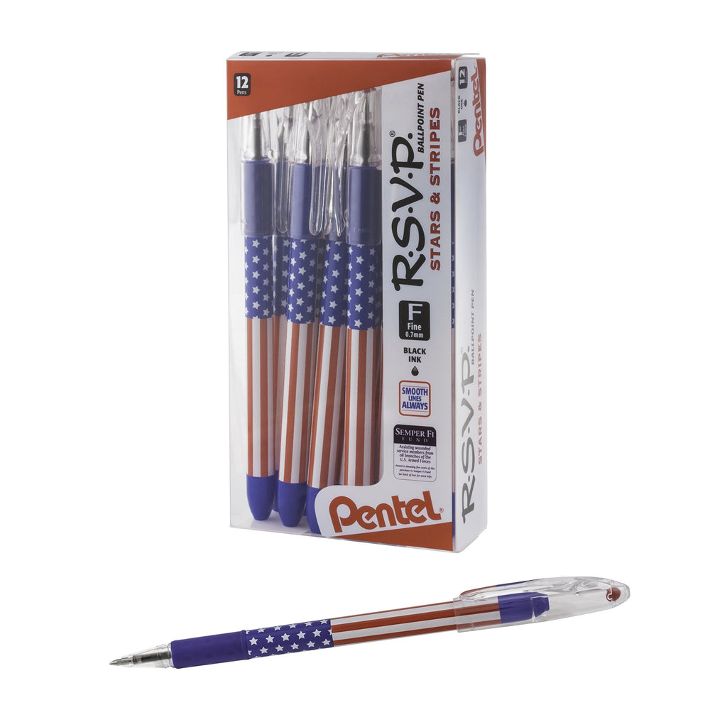 Pentel RSVP Ballpoint Pen, (0.7mm) Fine Line, Flag Barrel, Black Ink,(12 count)