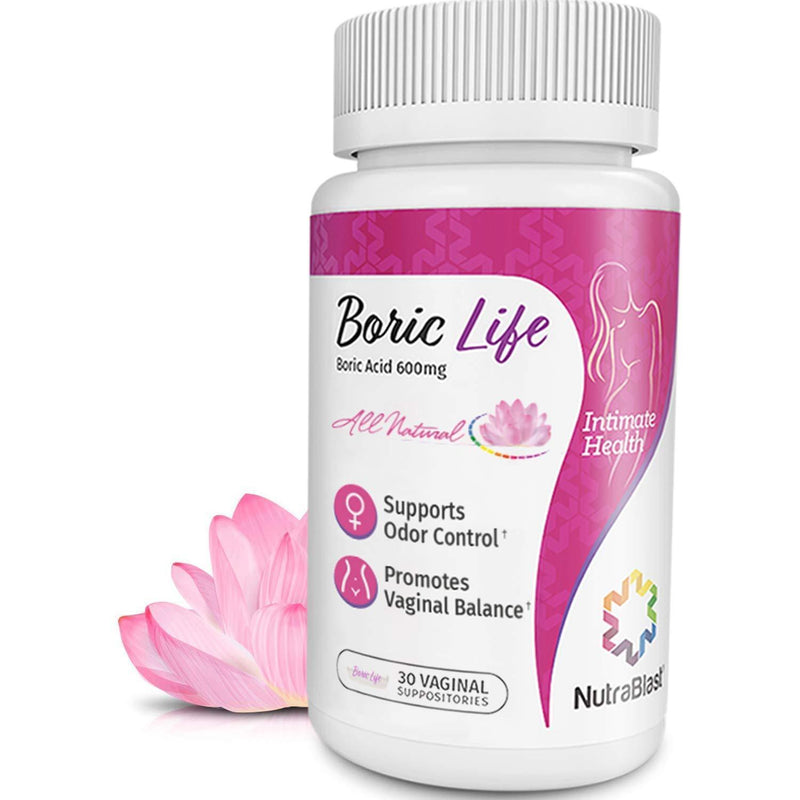 NutraBlast Boric Acid Vaginal Suppositories - 30 Count, 600mg - 100% Pure Made in USA - Boric Life Intimate Health Support 30 Count (Pack of 1)