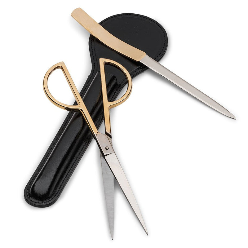 Kings County Tools Letter Opener and Scissor Set with Leather Case | Gold-Plated Handles | Steel Blades | Made in Italy