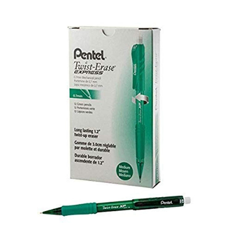 Pentel Twist-Erase EXPRESS Mechanical Pencil (0.7mm) Green Barrel, 12 pack (QE417D)