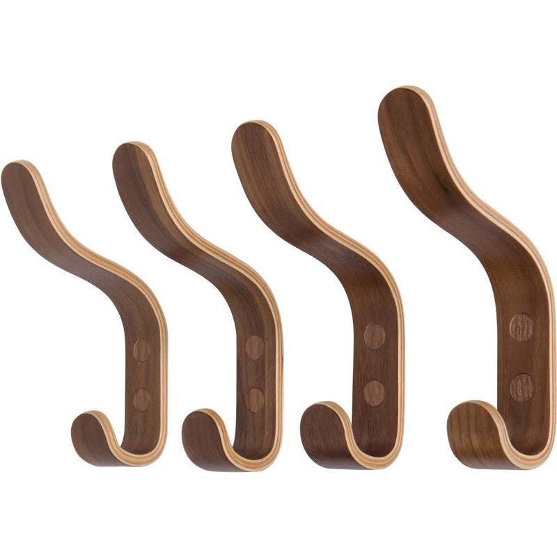 Waveply Plywood Wall Hooks Set of 4 Wood Coat Rack Hanging Clothes Hats Robes Towels (Walnut) Walnut