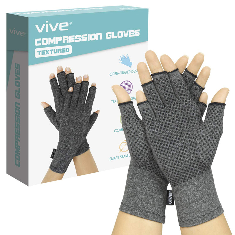 Vive Arthritis Gloves with Grips - Men & Women Textured Fingerless Compression - Open Finger Hand Gloves for Rheumatoid and Osteoarthritis - Arthritic Joint Pain Relief for Computer Typing (Large) Large (1 Pair)