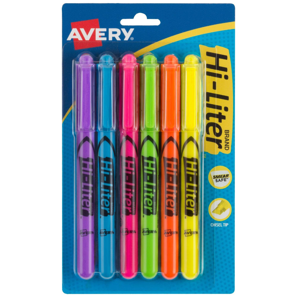 AVERY 23585 Hi-Liter Pen-Style Highlighters, Smear Safe Ink, Chisel Tip, 6 Assorted Color Highlighters 6 Highlighters