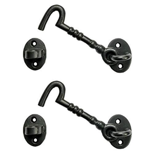 Adonai Hardware "Shemer" Antique Cast Iron Cabin Hook and Eye Safety Window Latch (Matte Black, 4" x 2pack) for Barn Wooden Doors, Gates, Cabinets, Sheds, Fences, Security, DIY Easy Installation Black Powder Coated 4 Inch x 2 Pack