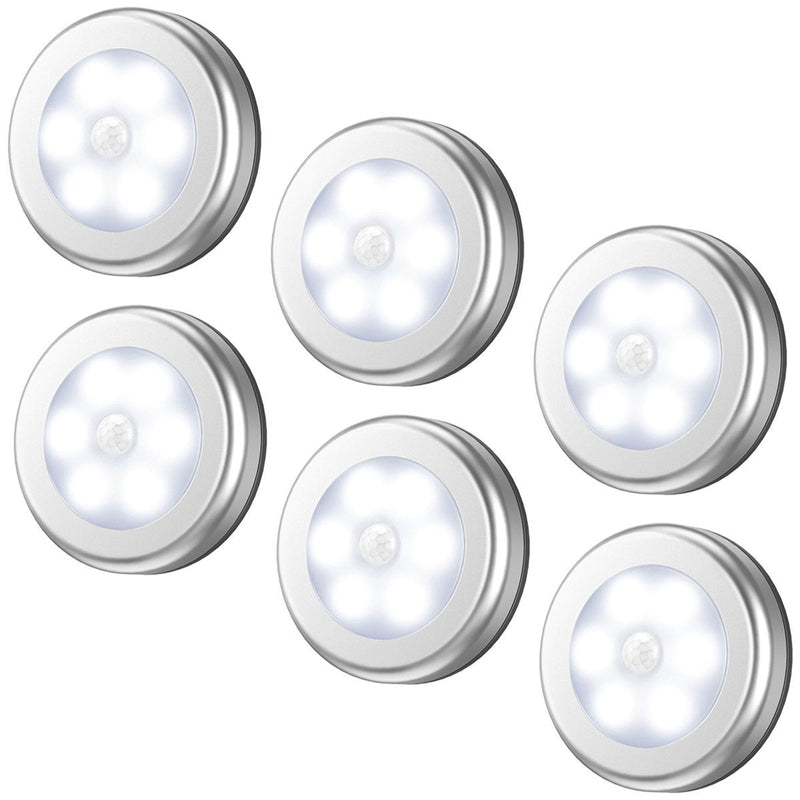 AMIR Motion Sensor Light, Cordless Battery-Powered LED Night Light, Stick-anywhere Closet Lights Stair Lights, Puck Lights, Safe Lights for Hallway, Bathroom, Bedroom, Kitchen (White - Pack of 6) Silver